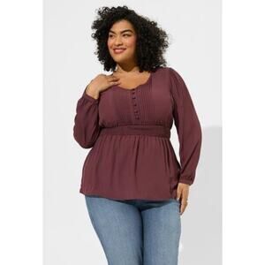 Torrid Size 4 Babydoll Georgette Pintuck Peplum Top Blouse Maroon Long Sleeves